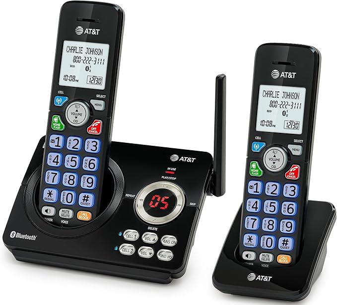 AT&T DL72279 2-Handsets DECT 6.0 Cordless Landline Phone with Bluetooth Connect to Cell, Smart Call Blocker, Digital Answering System, Big Buttons, Unsurpassed Range & ECO Mode