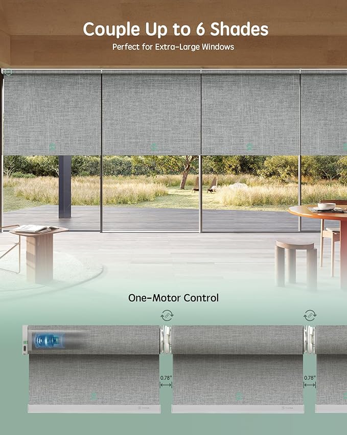 Yoolax Smart Coupled Roller Shades Compatible with Alexa Google, Motorized Blinds with Remote Blackout Coupled Roller Shades for X-Large Windows, Custom Size (XL Coupled-Smoky Gray)
