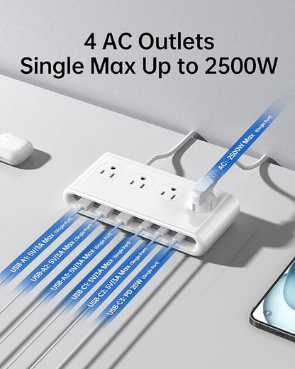 10-in-1 USB Charging Station with PD 20W Fast Charging, Surge Protector 6 USB Ports 4 AC Outlets 4.9ft Travel Power Strip with USB Ports Extension Cord for Home/Office/Travelling
