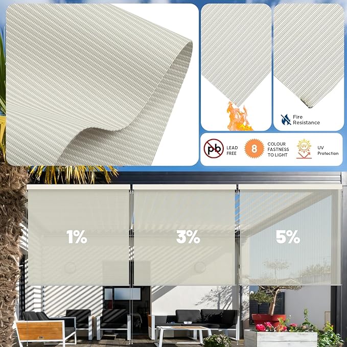 Motorized Outdoor Shades, Custom Patio Roller Blinds with Remote, Smart Exterior Sun Shades Compatible with Alexa, HomeKit, Google Home (1% Openness Beige)
