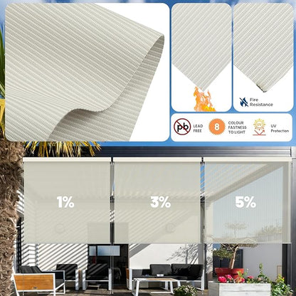 Motorized Outdoor Shades, Custom Patio Roller Blinds with Remote, Smart Exterior Sun Shades Compatible with Alexa, HomeKit, Google Home (1% Openness Beige)