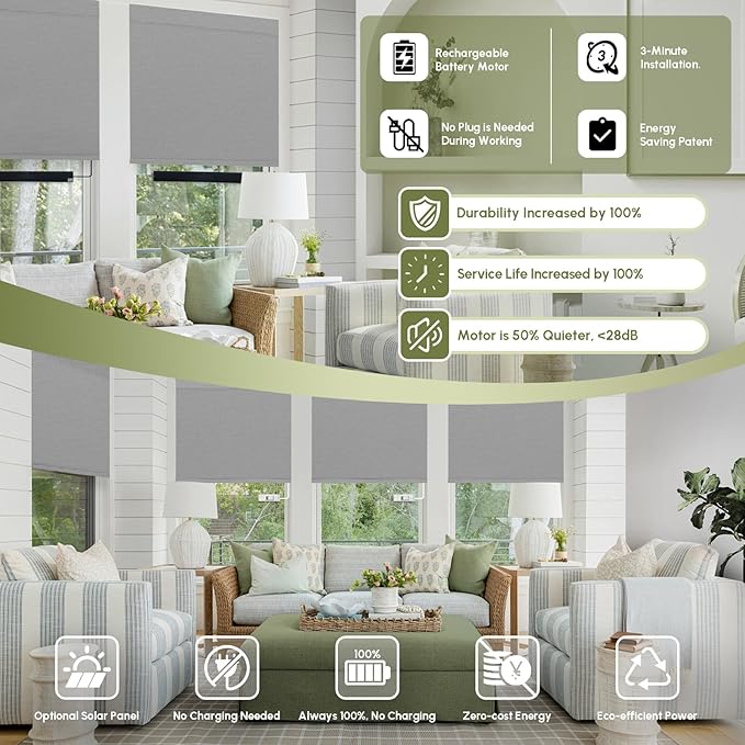 FineTell Motorized Blinds with Remote, 100% Blackout Roller Shades Compatible with Alexa,Apple Homekit,Google Home APP and Voice Control, Customized Electric Blinds (100% Blackout Pure Grey)