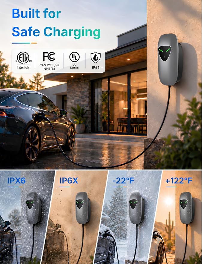 40A Level 2 EV Charger Station, J1772 240V 9.6kW WiFi App 25ft | Garage Home Driveway EV Charger,2.4GHz Smart Control,RFID Access,Indoor Outdoor Installation,UL ETL FCC Certified,Overheat