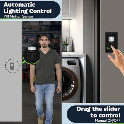 TOPGREENER in Wall PIR Motion Sensor Light Switch, Occupancy Sensor Switch, 𝐍𝐞𝐮𝐭𝐫𝐚𝐥 𝐖𝐢𝐫𝐞 𝐑𝐞𝐪𝐮𝐢𝐫𝐞𝐝, On/Off Override, 𝐒𝐢𝐧𝐠𝐥𝐞 𝐏𝐨𝐥𝐞, 4A, 500W, TSOS5-BKWP,Black