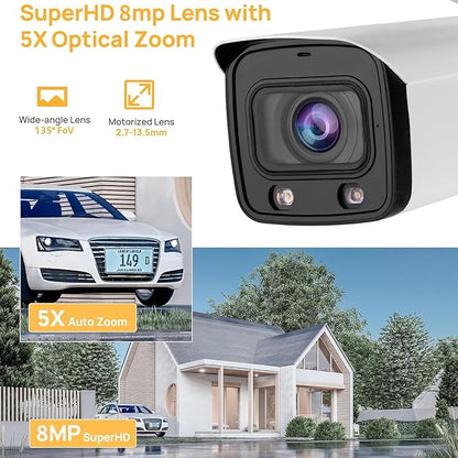 DahuaSecurity 8MP 5X Optical Zoom PoE IP Bullet Camera – 4K Varifocal Security Camera with Human & Vehicle Detection, Smart Dual Light, IP67, 256GB SD Card Slot, Full Metal Housing