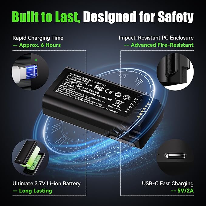Lesaps 2-Pack Replacement Battery for eufy Video Doorbell E340, 7000mAh Rechargeable Li-ion Battery Pack with Type-C Charging, Multi-Protection Backup Battery for eufy E340