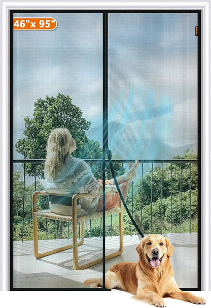 MAGZO Magnetic Screen Door Fit Door Size 46 x 95 Inch, Screen Size 48" x 96" Strong Magnets Mesh, Reinforced Fiberglass Net for Patio and Front Entrances, Gray
