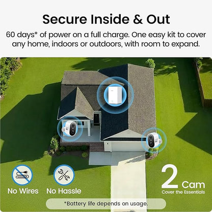 aosu Security Cameras Wireless Outdoor Home System, True 2K HD, Color Night Vision, Long Battery Life, Spotlight & Siren Alarm, Motion Detection, No Subscription Required, 2-Cam-Kit