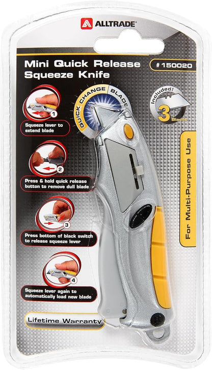 Alltrade Mini Quick Release Squeeze Utility Knife with 3 Blades, Compact Box Cutter with Fast Tool-Free Blade Change, Ergonomic Grip for Cardboard, Drywall, Craft, DIY & Warehouse Use - 150020