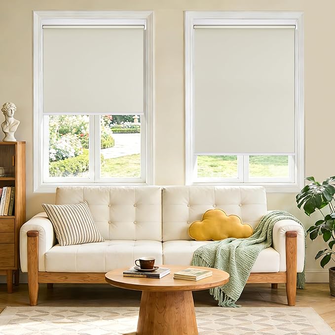 Grandekor Motorized Blinds with Remote Control, Blackout Roller Shade Electric Shades Cordless Smart Blinds for Bedroom Living Room Office,Cream,W46xH72