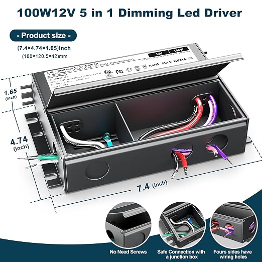 Dimmable LED Driver 12V 100W, 5-1 LED Transformer Compatible with Lutron and Leviton Dimmer Switch,Smooth Flicker Free Dimming, ETL& Class 2& FCC Certified, Triac/0-10V/RX/1-10V Dimmable Power Supply