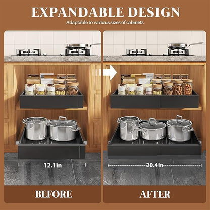 Seinloes 4 Pack Expandable Pull Out Cabinet Organizer 21"Deep With Raising Pad for Framed Cabinets,Upgrade 3 Slide Rails Slide Out Drawers,No Drill Roll Out Shelves,Adjustable Width 12.1"-20.4" Black