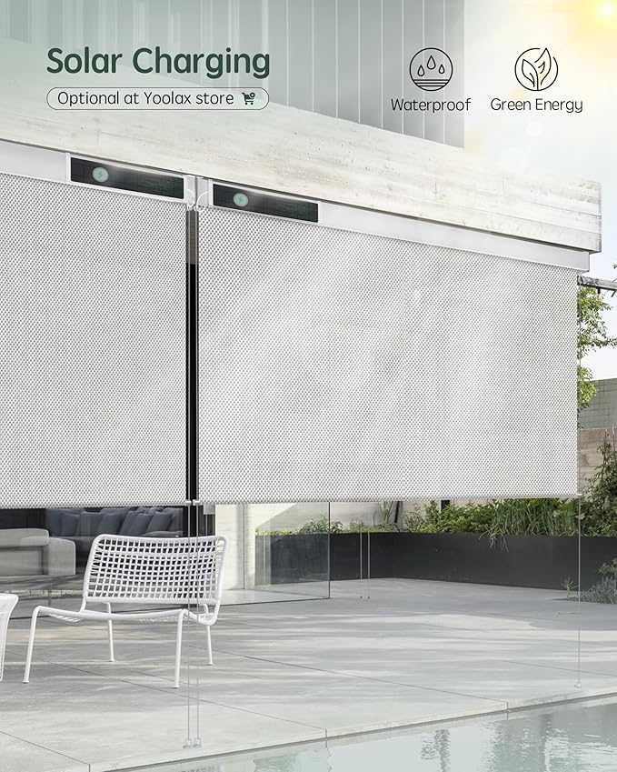 Yoolax Customized Motorized Outdoor Shades, Smart Blinds Compatible with Alexa Google, Remote Control Waterproof Blinds for Patio Porch Windows Outside (3% Openness Paine Grey)