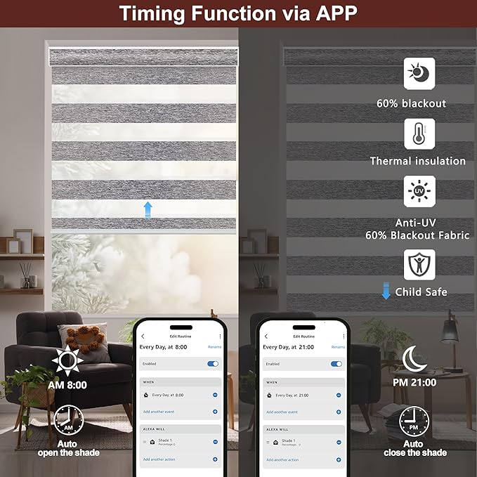 Bringnox Smart Motorized Zebra Roller Blinds - 100% Blackout, Remote Control, Works with HomeKit, Google Home & Alexa via Hub, Custom Size(100% Blackout White Stone-38)