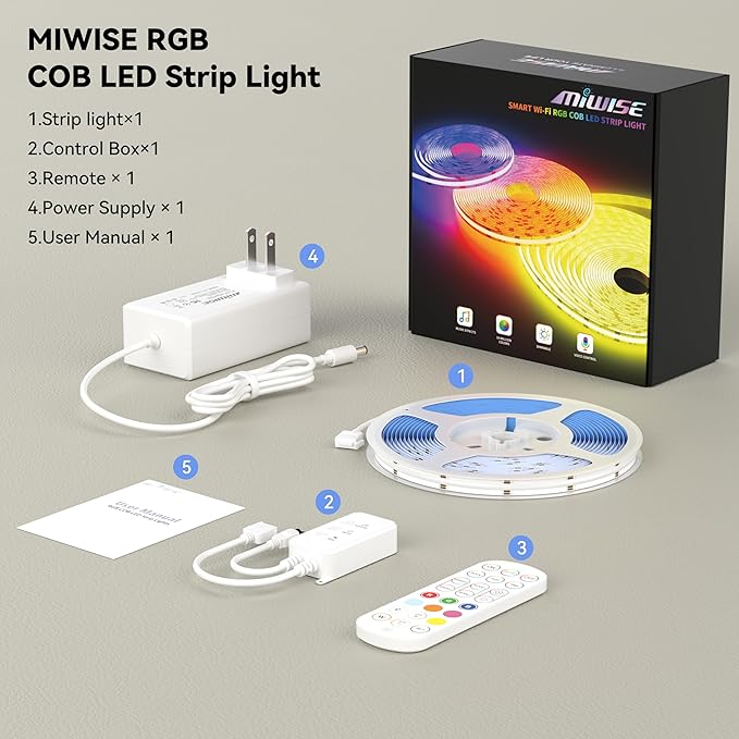 MIWISE RGB COB LED Strip Light,Color Changing LED Strip Lights Compatible with Alexa/Google,24V Music Sync Bright Flexible LED Tape Lighting for Bedroom,Kitchen,Bar,Under Cabinets,DIY Decoration,20ft