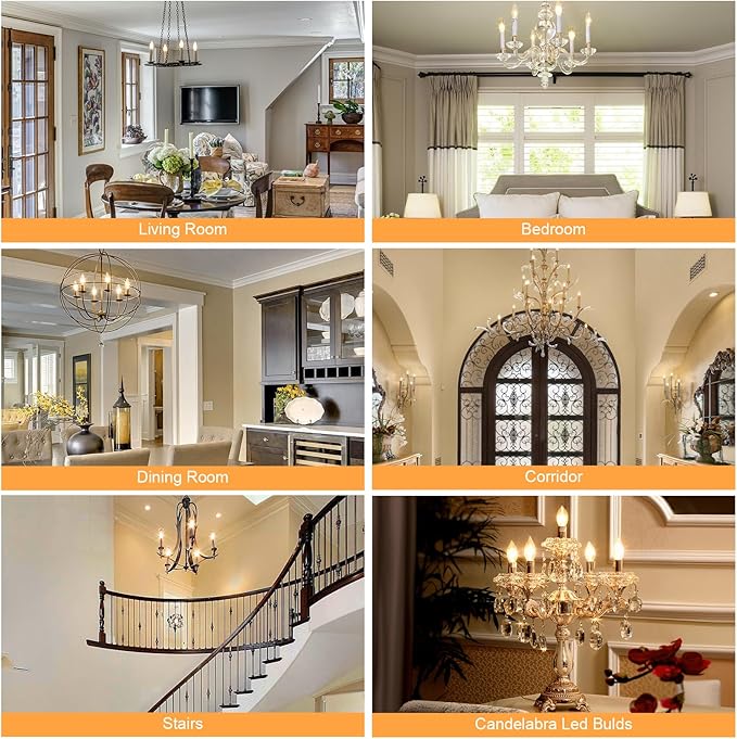 comzler E12 LED Candelabra Bulb Dimmable, Chandelier Light Bulb 2700K Warm White,40W Equivalent,Type B Ceiling Fan Bulbs,C35 B11 Edison Filament Candle Bulbs Candle Lights,400LM,Pack of 6