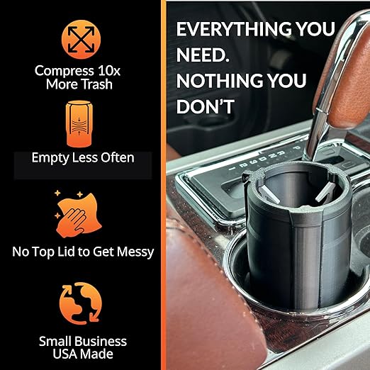 Trash Trapper Car Trash Can Cup Holder | Mini Car Trash Can | Fits in Most Doors | 5.1" x 2.9" | Traps More & Empties Less, Patent-Pending Compaction, Holds Weeks of Small Garbage, Black/Grey
