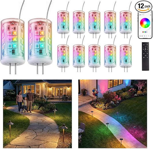 Gardenreet RGBCW G4 LED Bulb, 12V Low Voltage Bi-Pin Dimmable Halogen Replacement for Outdoor Landscape Light & Indoor RV Marine Cabinet Light, Color Changing/Warm White, App & Remote Control, 12 Pack