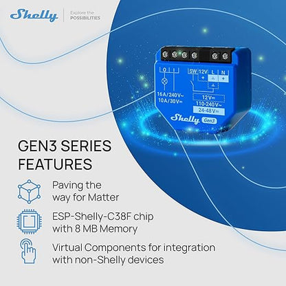 Shelly 1 Gen3, WiFi & Matter Smart Relay Switch with Dry Contacts, 1-Channel 16A, Alexa, Home Assistant, SmartThings & Google Home Compatible, DIY Smart Automation, Garage Door Opener, No hub required