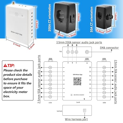 Smart Home Energy Monitor with 8 50A Circuit Level Sensors, Measure Power Usage in Real-Time, History with App (8 50A Circuit Level Sensors) - Compatible with Home Assistant