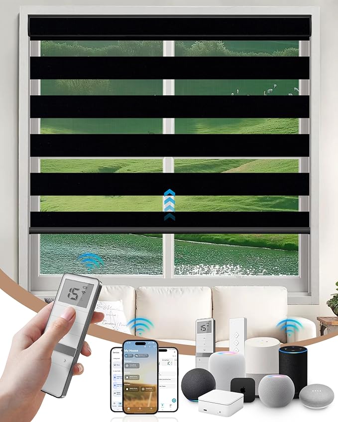 Kincmo Motorized Blinds with Remote, Motorized Zebra Shades Work with Apple Homekit,Alexa,Google Home, Customized Electric Blinds with Remote,App,Voice Control (100% Blackout Gentle Black)