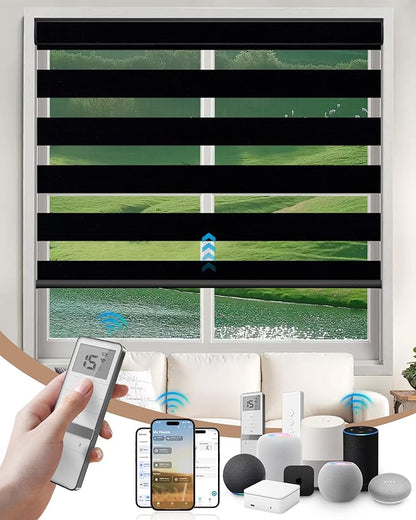 Kincmo Motorized Blinds with Remote, Motorized Zebra Shades Work with Apple Homekit,Alexa,Google Home, Customized Electric Blinds with Remote,App,Voice Control (100% Blackout Gentle Black)