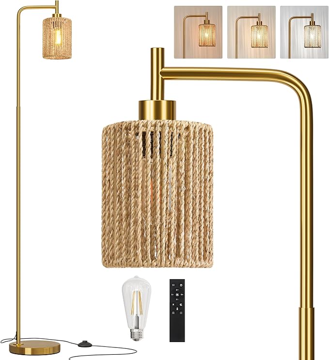 Oneach 66" Gold Floor Lamp for Living Room, Boho Floor Lamp with Remote Control and LED Bulb, Rattan Shade, Industrial Tall Farmhouse Standing Lamp for Bedroom, Dining Room, Study Room, Office