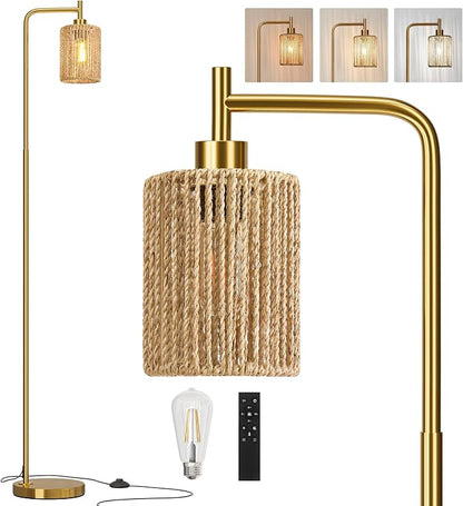 Oneach 66" Gold Floor Lamp for Living Room, Boho Floor Lamp with Remote Control and LED Bulb, Rattan Shade, Industrial Tall Farmhouse Standing Lamp for Bedroom, Dining Room, Study Room, Office