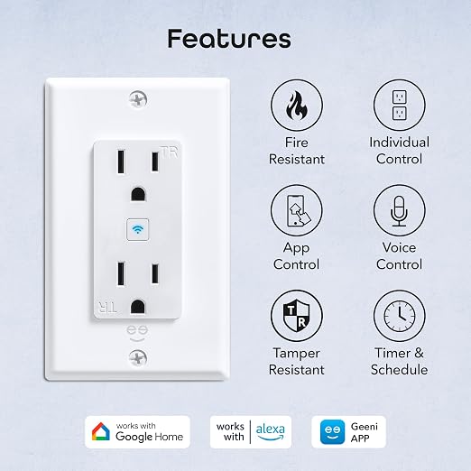 Geeni Smart Wi-Fi in-Wall Outlet, Tamper & Fire Resistant, White, 4-Pack