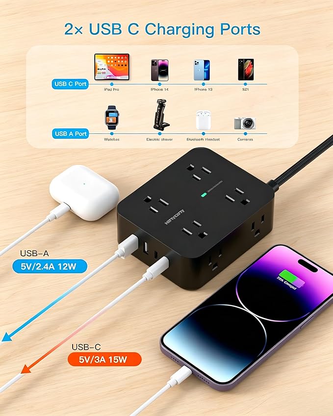 10 Ft Power Strip Flat Plug, Extension Cord Surge Protector, Flat Wall Plug