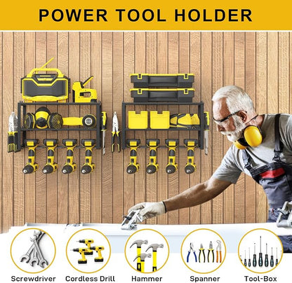 SPACECARE Power Tool Organizer- 2 Pack 3 Layers Rack for 8 Drill Holders | Heavy Duty Tool Shelf Durable Wall Mount Tool Storage Rack for Work Shop, Garage Organization, 150Lbs Load Capacity, Black