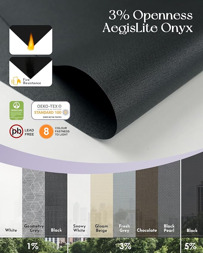 Graywind Motorized Patio Shades - Work with Alexa & Google; Outdoor, Solar Powered, Custom Size (3% Openness, AegisLite Onyx)