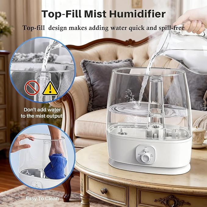 Novaspark 6L Humidifier Large Room 500 Sq Ft, 60H Ultrasonic Cool Mist Top Fill, Whisper Quiet 28dB, Auto Shut-Off, Night Light for Baby Nursery Bedroom Plants - 1.6 Gallon