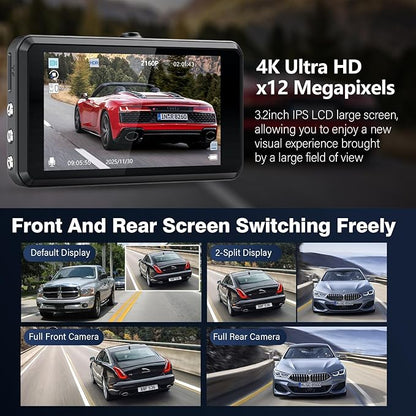 Miden S7 4K Dash Cam Front and Rear, 64G SD Card,2160P+1080P FHD Dual Dash Camera for Cars,176°+160° Wide Angle,3.2'' IPS Screen Dashcam,Loop Recording,G-Sensor,WDR,24H Parking Monitor,Night Vision