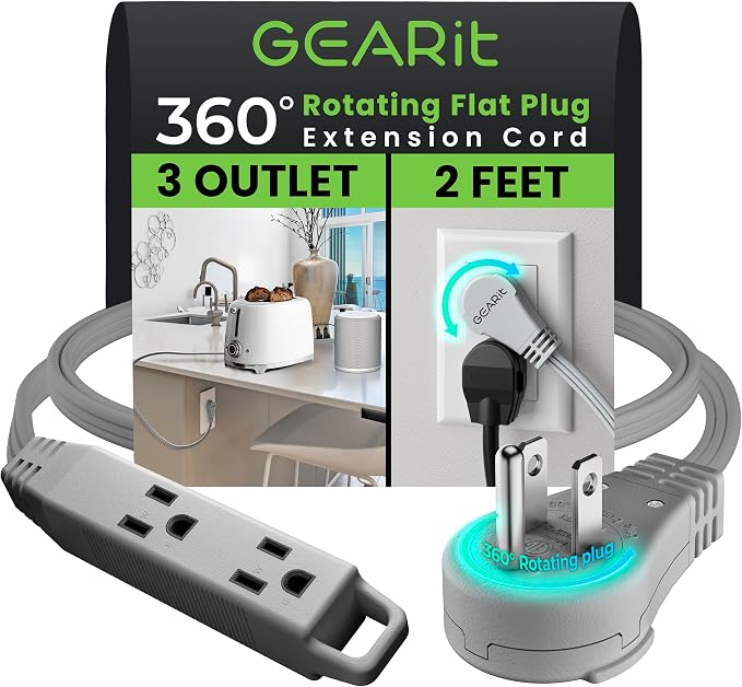GEARit 2 ft 360° Rotating Flat Plug Extension Cord, 3 Outlet Low Profile Power Cord, 16 AWG 13A 3 Prong Grounded Indoor Cord, ETL Listed, Space-Saving for Furniture, Grey