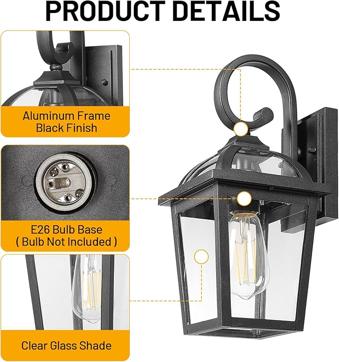 Front Porch Lights Outdoor Wall Lights Exterior Wall Sconce, Black Exterior Light Fixtures with Clear Glass, Farmhouse Outdoor Lighting Fixtures for House Front Door Garage Patio, Set of 2