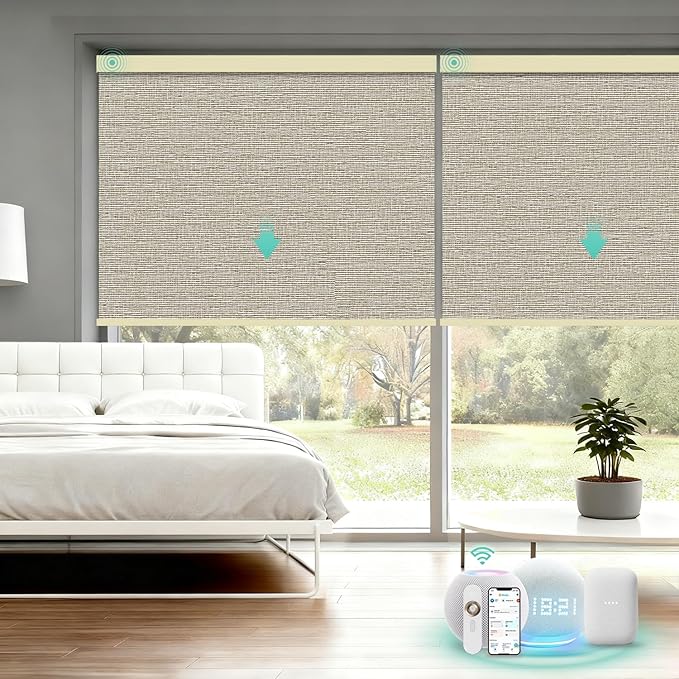Motorized Blinds with Remote, Blackout Smart Automatic Electric Blinds for Windows Compatible with Alexa Homekit, Cordless Indoor Motorized Roller Shades with Custom Size（Woven Wood）