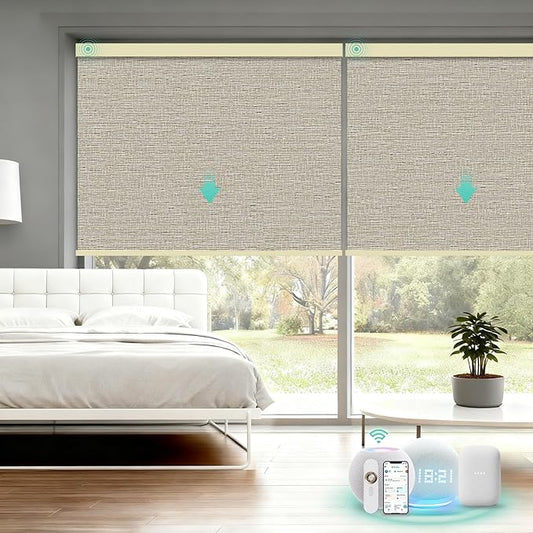Motorized Blinds with Remote, Blackout Smart Automatic Electric Blinds for Windows Compatible with Alexa Homekit, Cordless Indoor Motorized Roller Shades with Custom Size（Woven Wood）