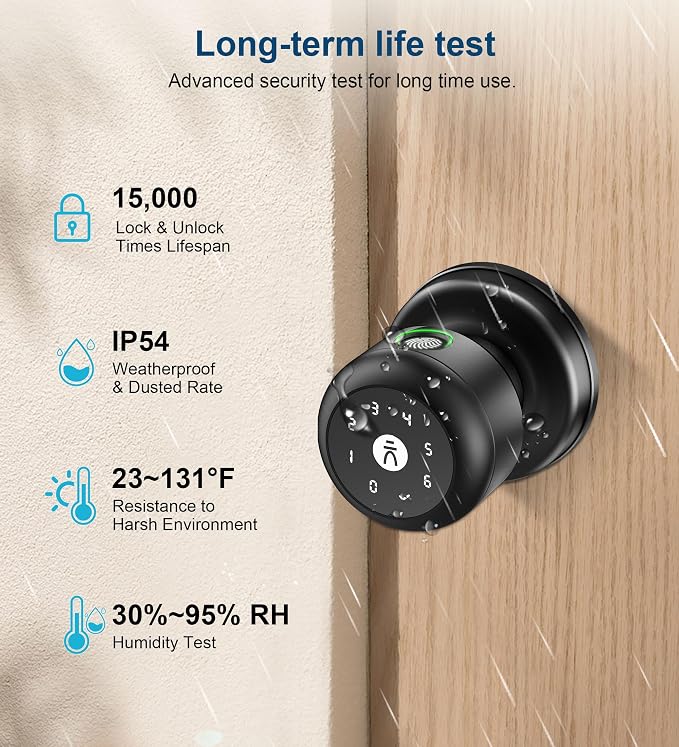 Smart Door Knob with Lock,Keyless Entry Fingerprint Door Lock,Morden Black | Smart Lock with Auto-Lock , App, Key, Fingerprint Door Locks with Keypad for Front Door, Apartment, Hotel, Interior, Exterior