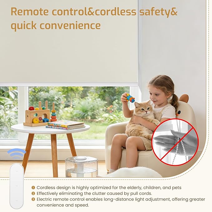 Grandekor Motorized Blinds with Remote Control, Blackout Roller Shade Electric Shades Cordless Smart Blinds for Bedroom Living Room Office,Cream,W27xH72