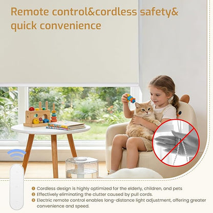 Grandekor Motorized Blinds with Remote | Blackout Cordless Electric Roller Shade Window Treatments, Compatible with Alexa/Google Assistant, for Bedroom, Living Room & Office,Cream-White|23" W x 72" H