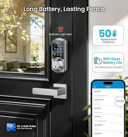 Veise VE07-L Fingerprint App Control Smart Locks with Heavy-Duty Zinc Alloy Handles, Keyless Entry for Front Door, Digital Electronic Touchscreen, Auto Lock, Waterproof, Easy Install, Satin Nickel