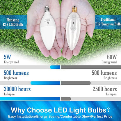 LED Candelabra Light Bulbs E12 Small Base Daylight 5000K, Hansang Type B Shape Light Bulb 60w Equivalent, 500LM Small Candelabra Base B11 Light Bulb for Chandelier Ceiling Fan 120V Non-Dimmable 8 Pack