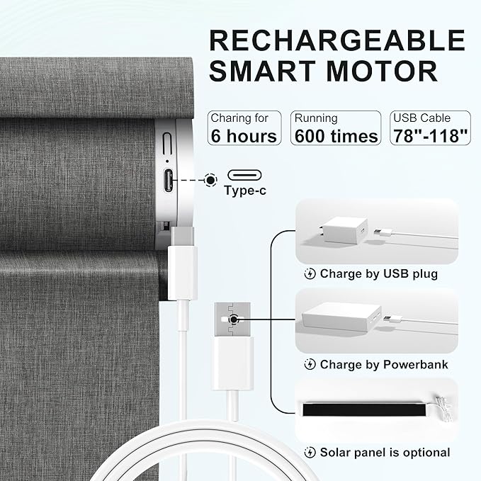 BERISSA Smart Motorized Blinds with Remote,No Drill Automatic Roller Blinds for Indoor Windows,Blackout Linen Fabric,Electric Shades for Windows Home Office,Double-Sided Dark Grey,Custom Size