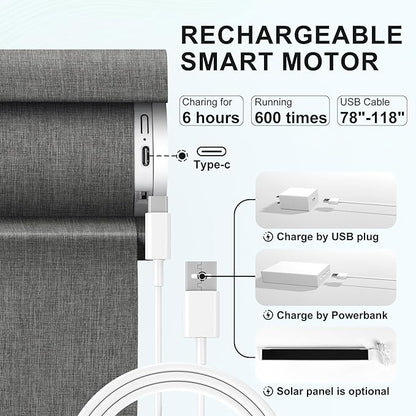 BERISSA Smart Motorized Blinds with Remote,No Drill Automatic Roller Blinds for Indoor Windows,Blackout Linen Fabric,Electric Shades for Windows Home Office,Double-Sided Dark Grey,Custom Size