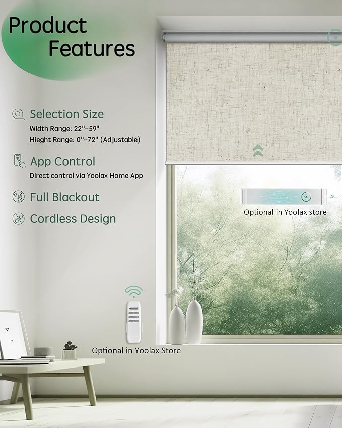 Yoolax Motorized Shades App Control, Blackout Automatic Blinds for Indoor Windows, Electric Roller Shades for Bedroom Living Room Office (Blackout Artisan Beige, 41" W x 72" H)