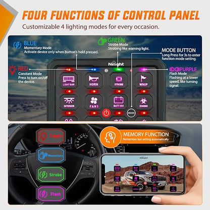Nilight 12 Gang Switch Panel APP RGB 12V 24V Circuit Control System 4-Mode | Fuse Wiring Harness APP Remote Control Automatic Dimmable Toggle/Momentary/Strobe/Flash for Car Pickup Truck Camper SUV