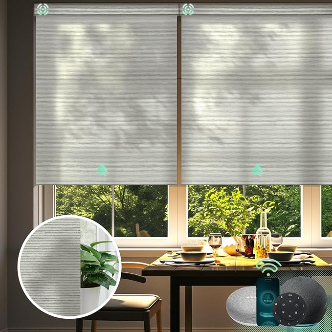 Yoolax Motorized Blinds with Remote, Light Filtering Smart Blinds Work with Alexa, Google, Automatic Roller Shades for Windows, Custom Electric Shades for Living Room (V-Shimmer Horizontal Beige)