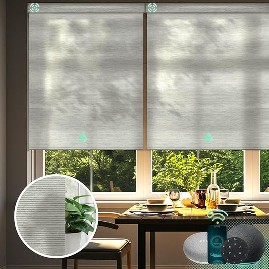 Yoolax Motorized Blinds with Remote, Light Filtering Smart Blinds Work with Alexa, Google, Automatic Roller Shades for Windows, Custom Electric Shades for Living Room (V-Shimmer Horizontal Beige)