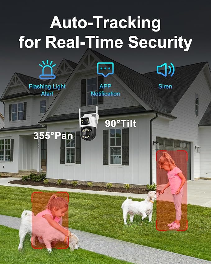 6MP Dual Lens Wireless Outdoor Security Camera Outdoor, WiFi Home Survaillance Camera, PTZ, 355°Pan, 90° Tilt, Human Detection & Auto Tracking, 2-Way Audio, IP66, 24/7 Recording,Night Vision